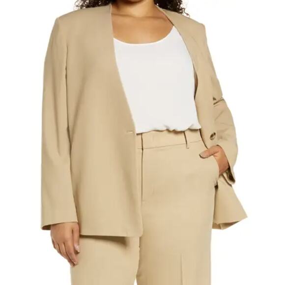 Vince Cream Beige Collarless Wool Blend Blazer Single Button Slit Pockets Sz 18 - Picture 8 of 10
